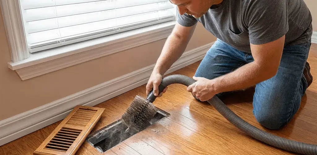 Air duct cleaning technician vacuuming a floor vent and duct opening in Rochester, NY