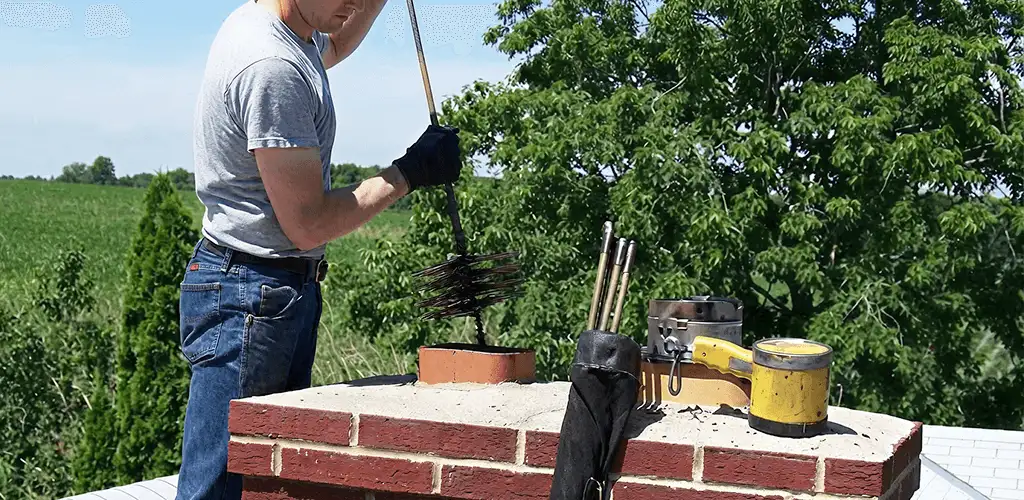 Chimney cleaning technician working on a rooftop chimney with professional tools in Rochester, NY