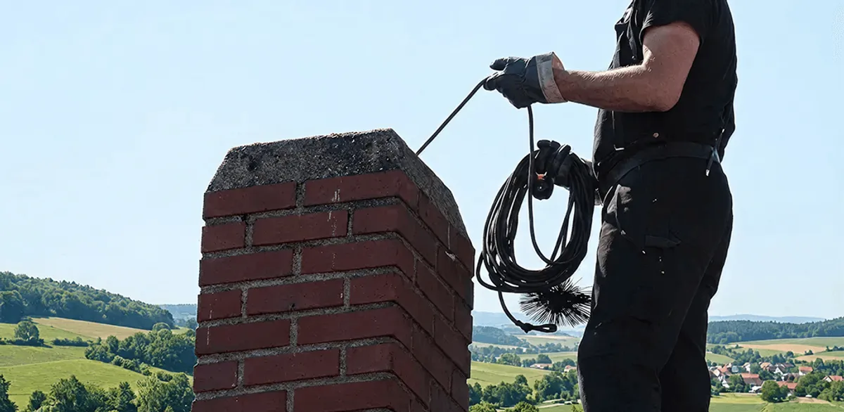 Chimney sweep inspecting and cleaning a rooftop chimney in Rochester, NY