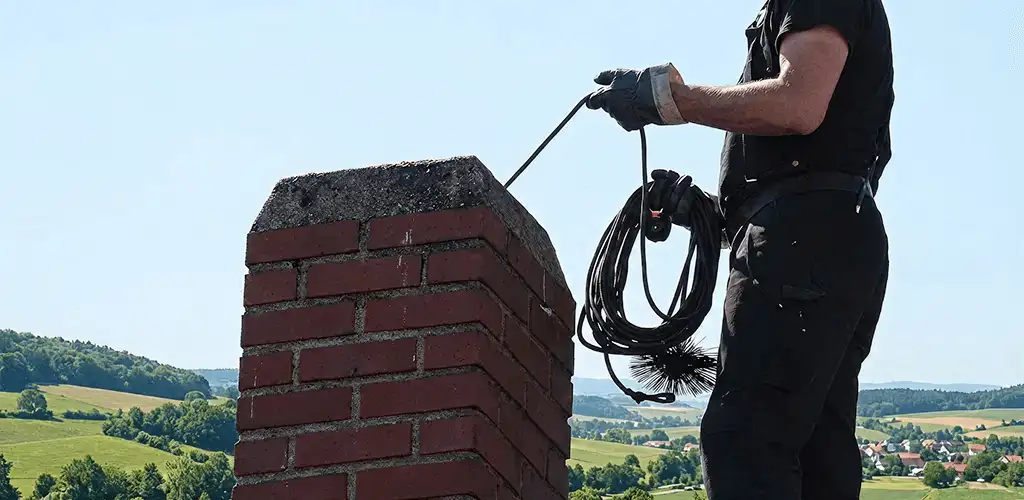 Chimney sweep inspecting and cleaning a rooftop chimney in Rochester, NY