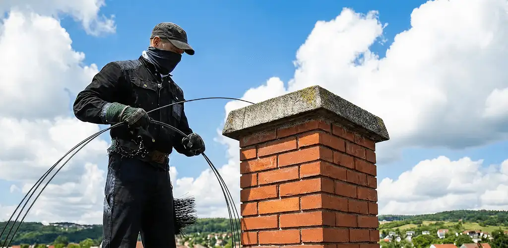 Chimney sweep cleaning a brick chimney with professional tools in Rochester, NY