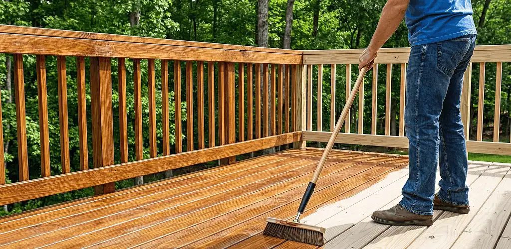 Deck staining and sealing application on a wood deck in Rochester, NY