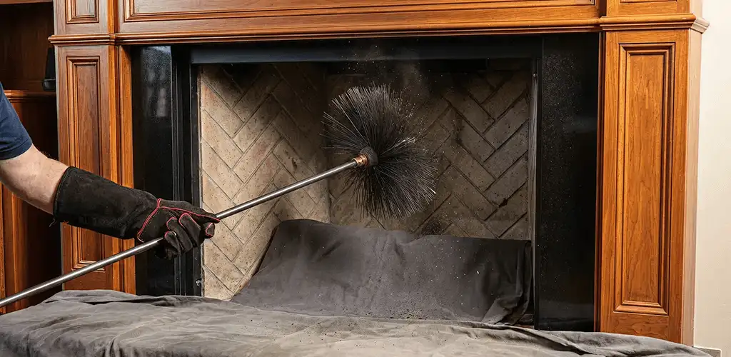 Chimney cleaning service brushing soot from a fireplace and flue in Rochester, NY