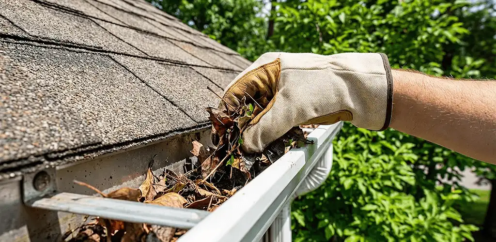 Gutter cleaning removing leaves and debris from roof gutters in Rochester, NY