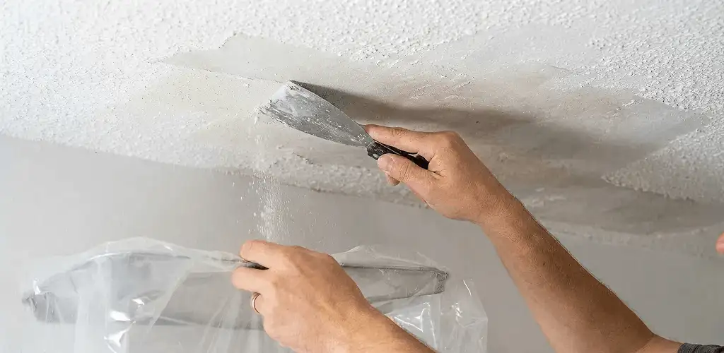 Popcorn ceiling removal technician scraping texture from a ceiling in Rochester, NY