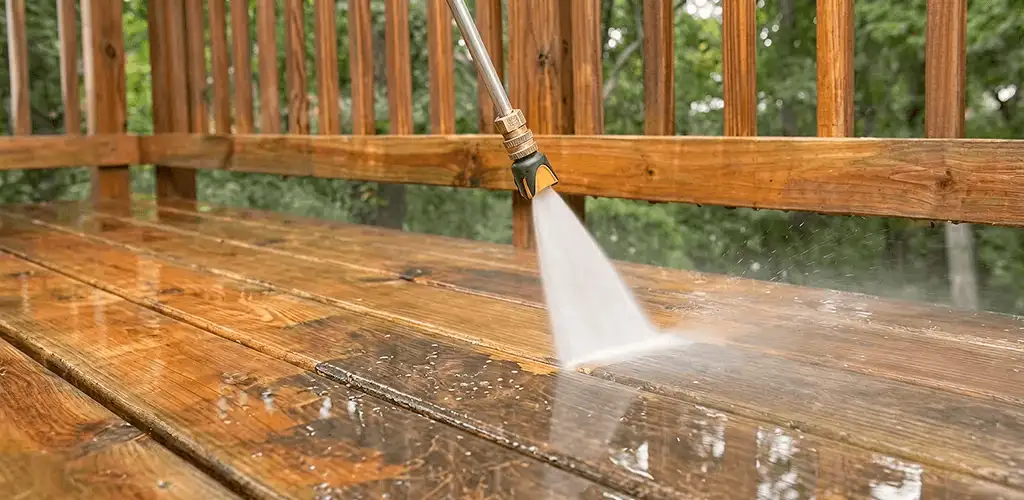 Pressure washing a wood deck to remove dirt and buildup in Rochester, NY