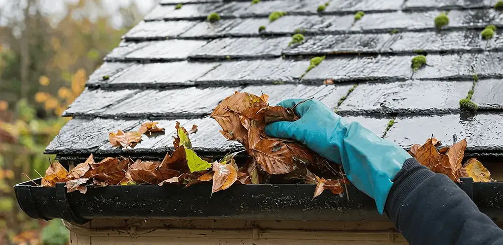 Gutter cleaning technician clearing wet leaves from roof gutters in Rochester, NY