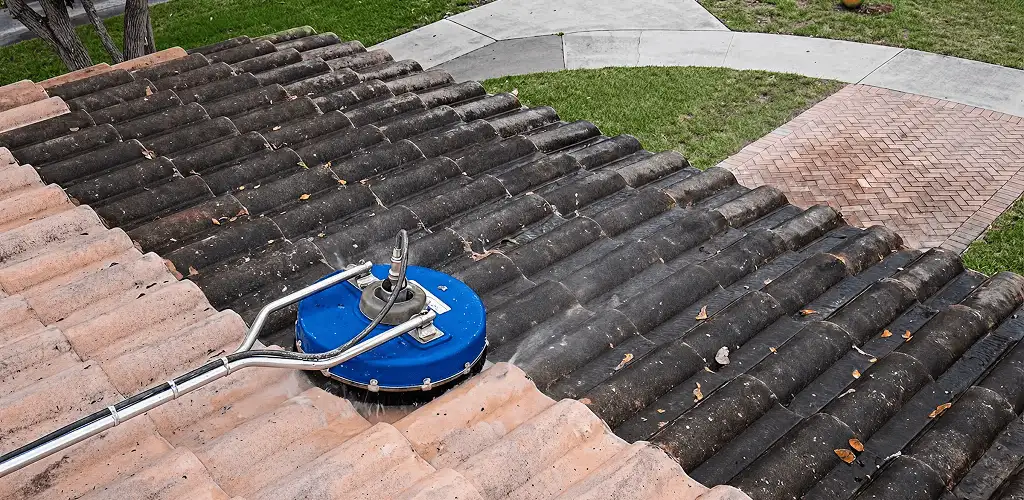 Roof pressure cleaning removing debris and buildup from roof tiles in Rochester, NY