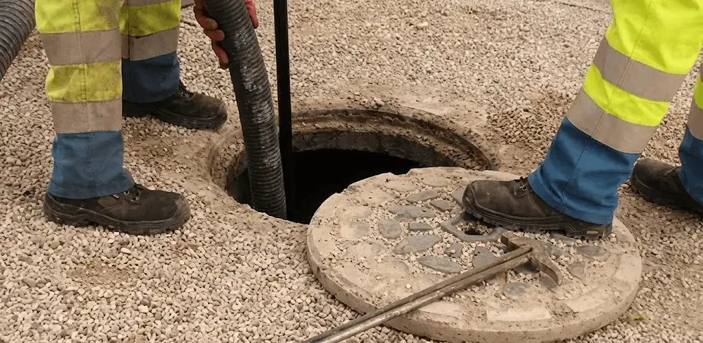 Drain cleaning crew clearing a sewer access point with professional equipment in Rochester, NY