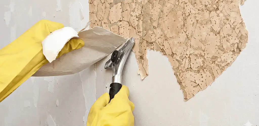 Wallpaper removal service stripping old wallpaper from a wall in Rochester, NY