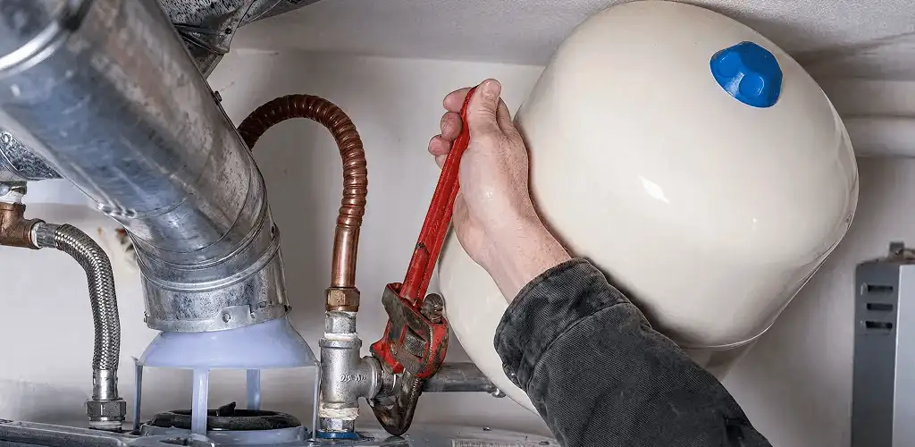 Water heater repair technician tightening plumbing connections near a tank unit in Rochester, NY