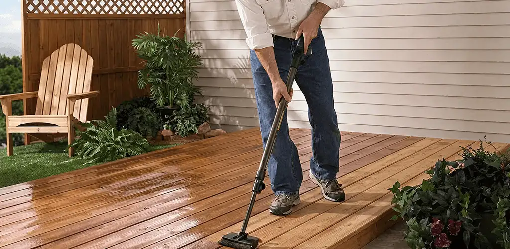 Deck staining service applying stain to a backyard wood deck in Rochester, NY